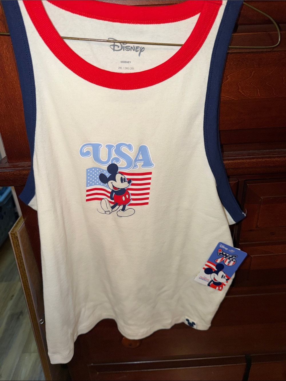 Disney White Tank Top with Red & Navy Trim and Mickey USA Graphic